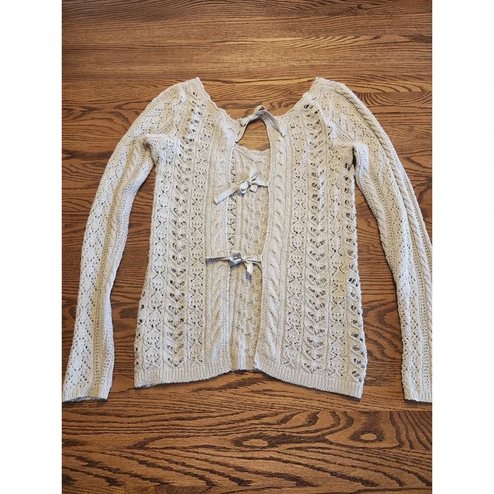 Free People Cable Knit Sweater Womens Size Large Beige Open Back Bow Lightweight